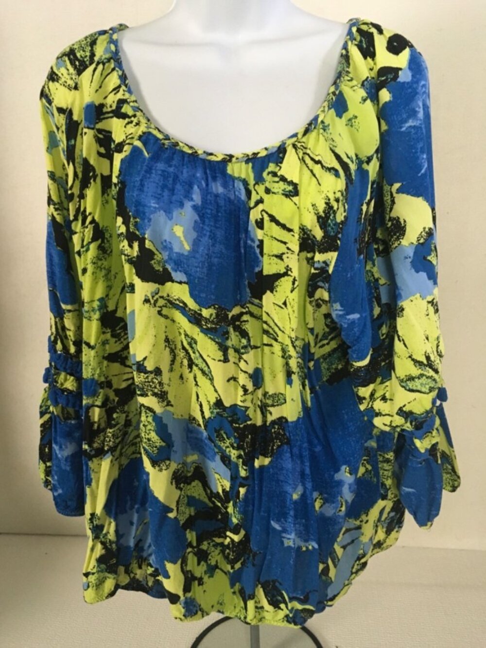 Westbound Top Size 2X Bright Yellow Blue Black Scoop Neck 3/4 Sleeves Blouse